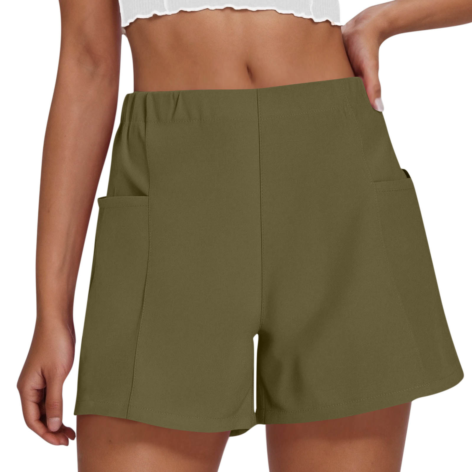 Elastic Waist Womens Pants Plus Size Army Green Hybrid with Pocket Solid Shorts Women's Jeans Sale L